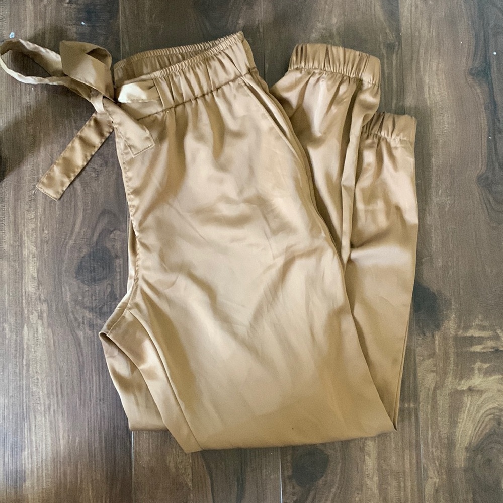 Brown silk jogger pants with tie